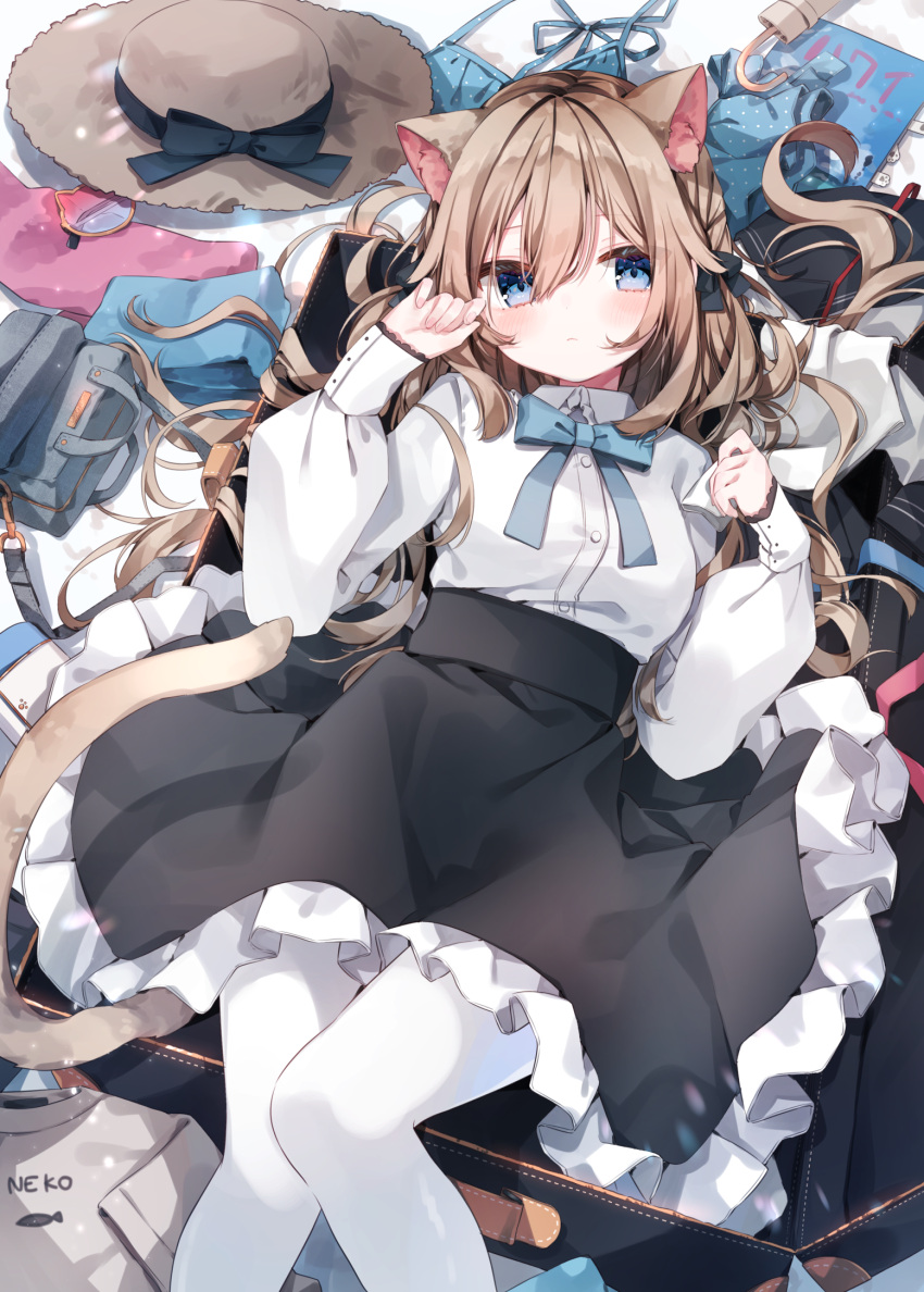 1girl animal_ear_fluff animal_ears blue_eyes blush breasts brown_hair cat_ears cat_girl cat_tail hair_between_eyes hat hat_removed headwear_removed heripiro highres in_container long_hair looking_at_viewer lying on_back original pantyhose shirt skirt small_breasts solo suitcase tail white_pantyhose white_shirt