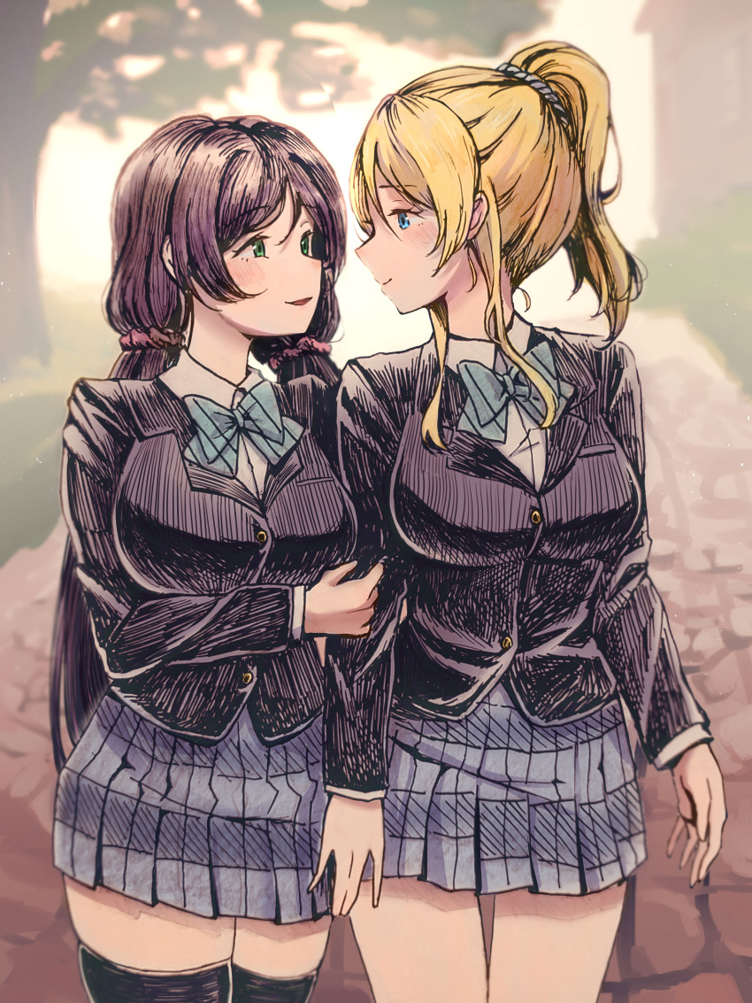 2girls absurdres ayase_eli black_thighhighs blazer blonde_hair blue_bow blue_bowtie blue_eyes blue_skirt bow bowtie breasts eye_contact green_eyes hair_ornament hair_scrunchie highres jacket large_breasts long_hair long_sleeves looking_at_another love_live! love_live!_school_idol_project low_twintails multiple_girls open_mouth otonokizaka_school_uniform pink_scrunchie plaid plaid_skirt ponytail purple_hair risai school_uniform scrunchie skirt smile thighhighs toujou_nozomi twintails white_scrunchie yuri