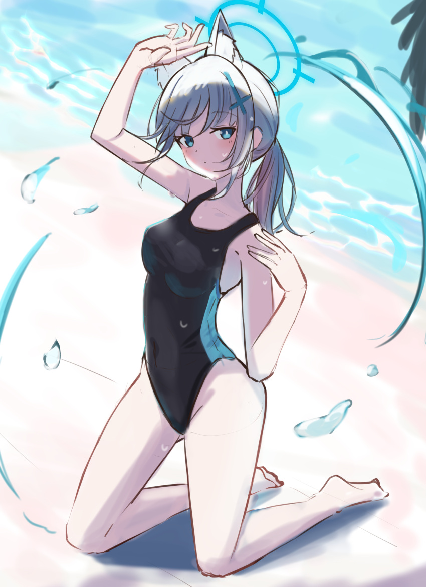 1girl animal_ear_fluff animal_ears beach black_one-piece_swimsuit blue_archive blue_eyes breasts competition_swimsuit covered_navel cross_hair_ornament doku-doku extra_ears full_body grey_hair hair_ornament halo highres kneeling low_ponytail medium_breasts medium_hair mismatched_pupils multicolored_clothes multicolored_swimsuit official_alternate_costume one-piece_swimsuit shiroko_(blue_archive) shiroko_(swimsuit)_(blue_archive) solo swimsuit water wolf_ears