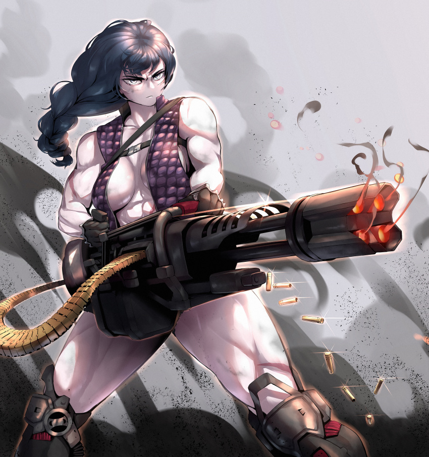 1girl abs absurdres black_hair braid frown gatling_gun gloves glowing_gun_barrel grey_eyes gun highres holding holding_gun holding_weapon long_hair looking_to_the_side minigun muscular muscular_female no_bra original qtime4_702 scar shell_casing smoke thick_thighs thighs vest weapon