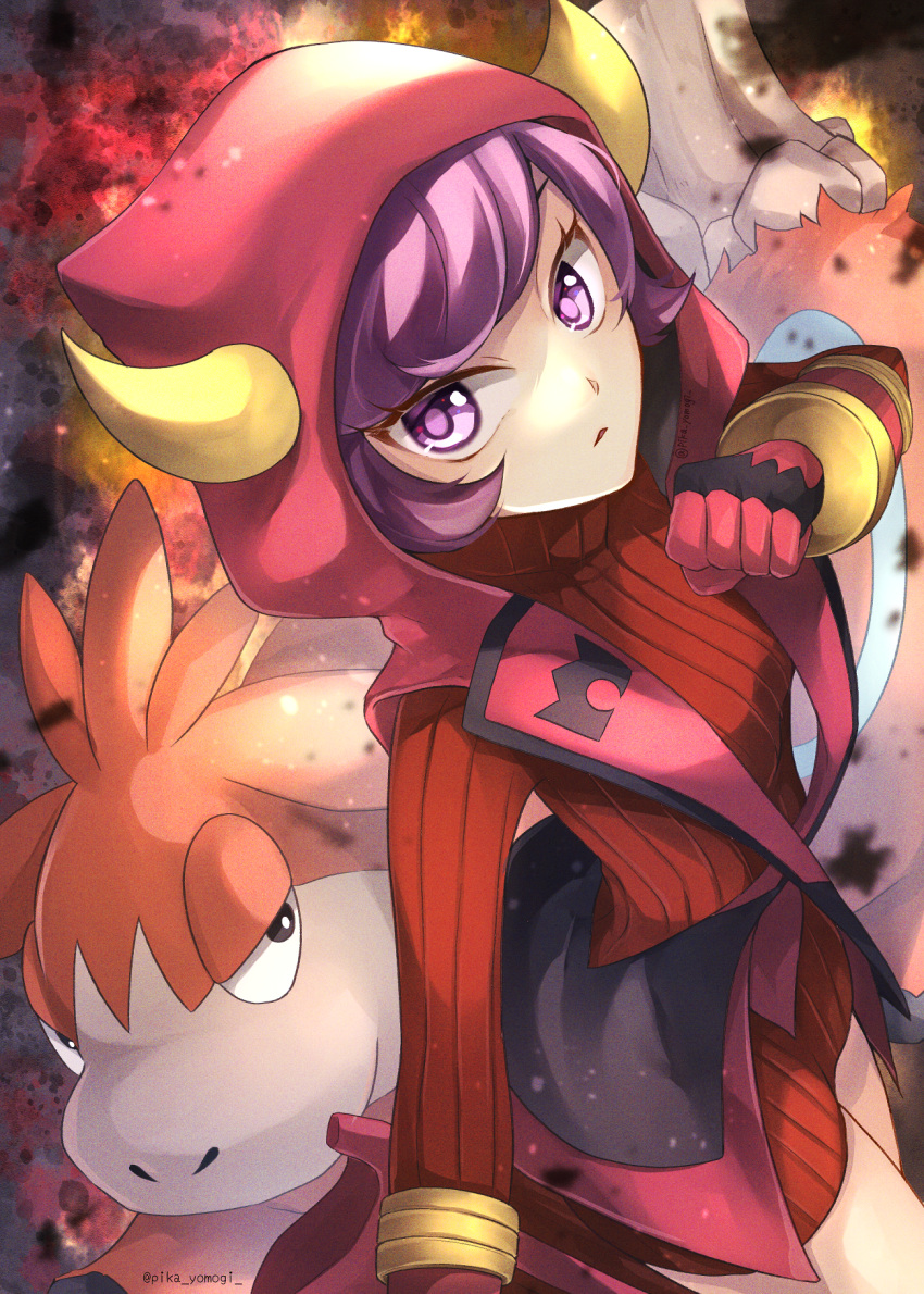 1girl camerupt courtney_(pokemon) dress eyebrows_hidden_by_hair fake_horns gloves highres hood hood_up horns long_sleeves looking_at_viewer parted_lips pink_eyes pink_hair pokemon pokemon_(game) pokemon_oras red_dress red_gloves red_sweater ribbed_sweater short_dress short_hair standing standing_on_one_leg sweater sweater_dress team_magma_uniform twitter_username yomogi_(black-elf)