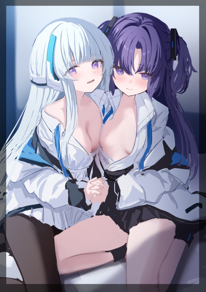 2girls black_pantyhose black_skirt blue_archive blue_necktie blush border breasts cleavage grey_hair headgear headphones highres hime_cut holding_hands jacket jacket_partially_removed long_hair looking_at_viewer medium_breasts multiple_girls necktie noa_(blue_archive) off-shoulder_shirt off_shoulder pantyhose partially_unbuttoned pleated_skirt purple_eyes purple_hair shirt short_twintails skirt small_breasts takashima_shoa twintails unbuttoned unbuttoned_shirt white_jacket white_skirt yuuka_(blue_archive)