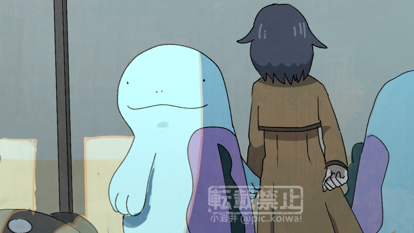 1other ambiguous_gender black_hair brown_coat clodsire coat commentary_request from_behind holding_hands looking_back pic_koiwai pokemon pokemon_(creature) quagsire twitter_username wall watermark