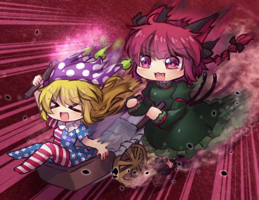 &gt;_&lt; 2girls american_flag american_flag_dress american_flag_legwear animal_ears black_bow black_tail blonde_hair bow braid cat_ears closed_eyes clownpiece commentary_request dress dust fang green_dress hair_bow hat jester_cap kaenbyou_rin long_sleeves multiple_girls multiple_tails neck_ruff no_wings one-hour_drawing_challenge open_mouth polka_dot polka_dot_headwear purple_headwear red_background red_eyes red_hair side_braid smile star_(symbol) star_print striped striped_dress tail torch touhou twin_braids two_tails unime_seaflower wheelbarrow