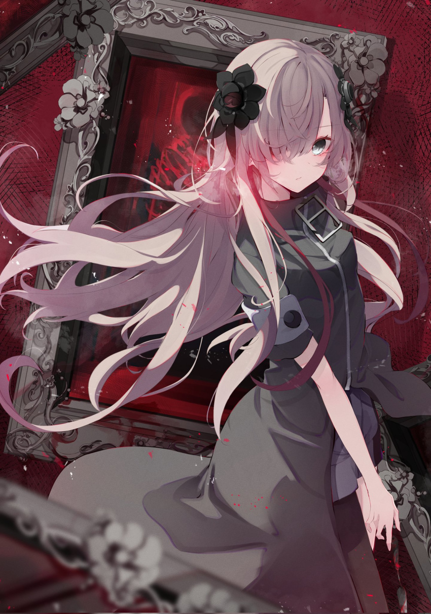 1girl aqua_eyes asymmetrical_legwear asymmetrical_sleeves black_coat black_flower coat expressionless floating_hair flower grey_hair hair_flower hair_ornament hair_over_one_eye heterochromia highres isekai_joucho kamitsubaki_studio long_hair looking_at_viewer motoi_(croa76) multicolored_hair picture_frame red_background red_eyes red_hair shorts solo two-tone_hair uneven_legwear uneven_sleeves virtual_youtuber