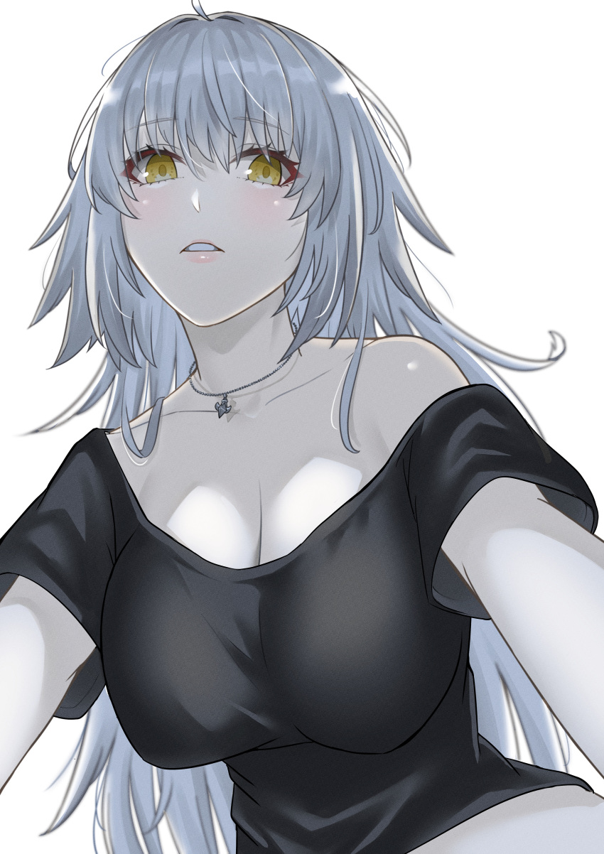 1girl absurdres bare_shoulders black_shirt blush breasts cleavage collarbone fate/grand_order fate_(series) grey_hair highres jeanne_d'arc_alter_(avenger)_(fate) jeanne_d'arc_alter_(fate) jewelry large_breasts long_hair looking_at_viewer necklace parted_lips shirt short_sleeves tomotomow00w yellow_eyes