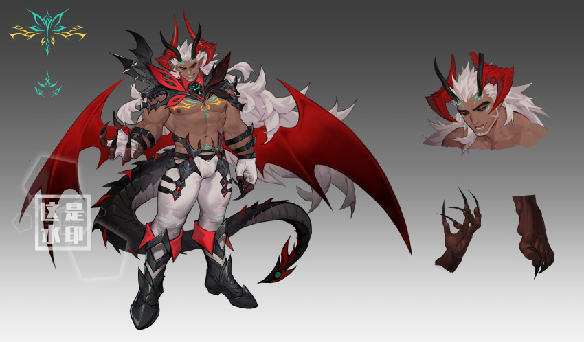 1boy abs absurdres baimeme bara body_markings bulge commission dark-skinned_male dark_skin demon_boy dragon_boy dragon_horns facial_mark glowing_tattoo highres horns large_hands large_pectorals long_hair looking_at_viewer male_focus mature_male multiple_horns muscular muscular_male navel nipples original pants pectorals pointy_ears red_horns red_wings reference_sheet seductive_smile smile spread_wings stomach strongman_waist thick_eyebrows thick_tail thick_thighs thighs tight_clothes tight_pants topless_male very_long_fingernails very_long_hair wings