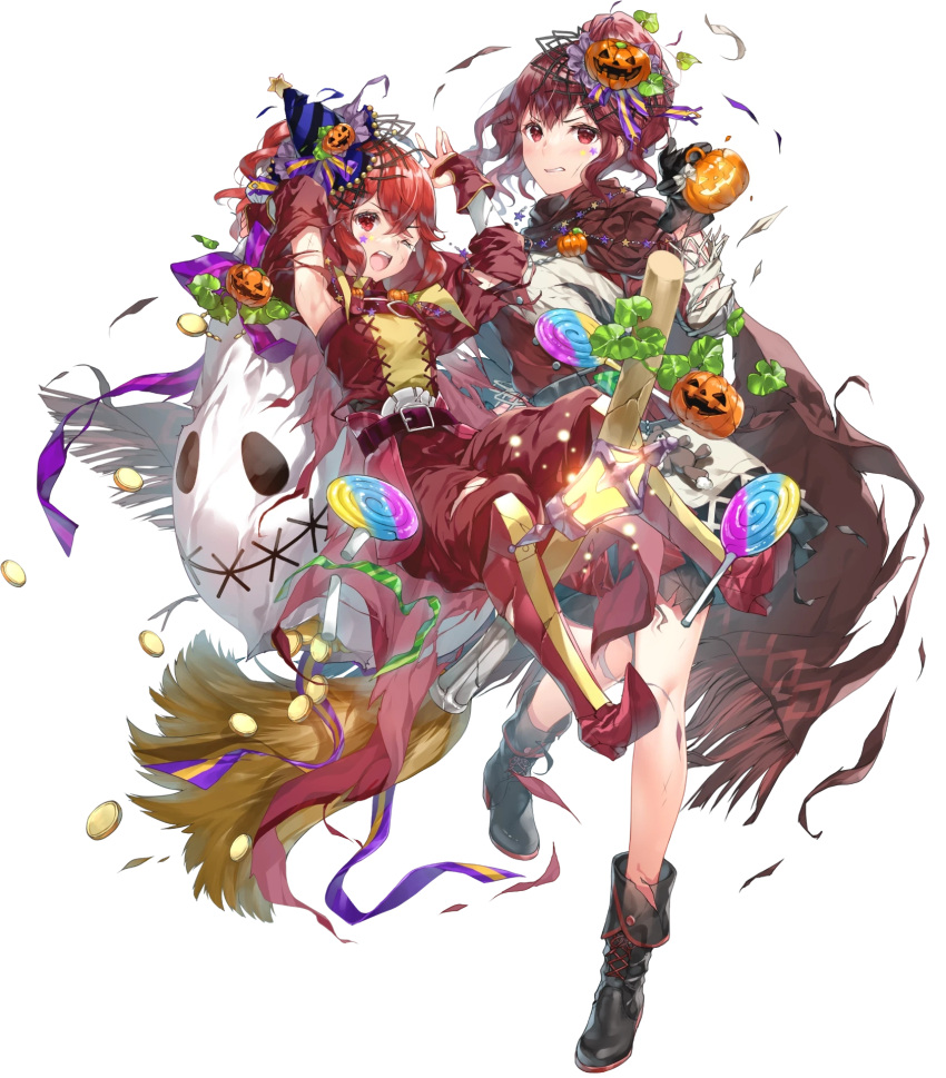 2girls ankle_boots anna_(fire_emblem) armpits arms_up belt blush boots broom broom_riding candy cape charm_(object) clenched_teeth detached_sleeves fire_emblem fire_emblem_awakening fire_emblem_engage fire_emblem_heroes food gloves hair_ornament hat highres jack-o'-lantern knee_boots lantern lollipop long_hair long_sleeves mini_party_hat miwabe_sakura multiple_girls non-web_source official_alternate_costume official_art one_eye_closed pants party_hat pointy_footwear ponytail pumpkin red_eyes red_hair sack siblings side_ponytail sisters star_(symbol) star_tattoo tattoo teeth torn_cape torn_clothes torn_pants torn_sack torn_sleeves transparent_background upper_teeth_only