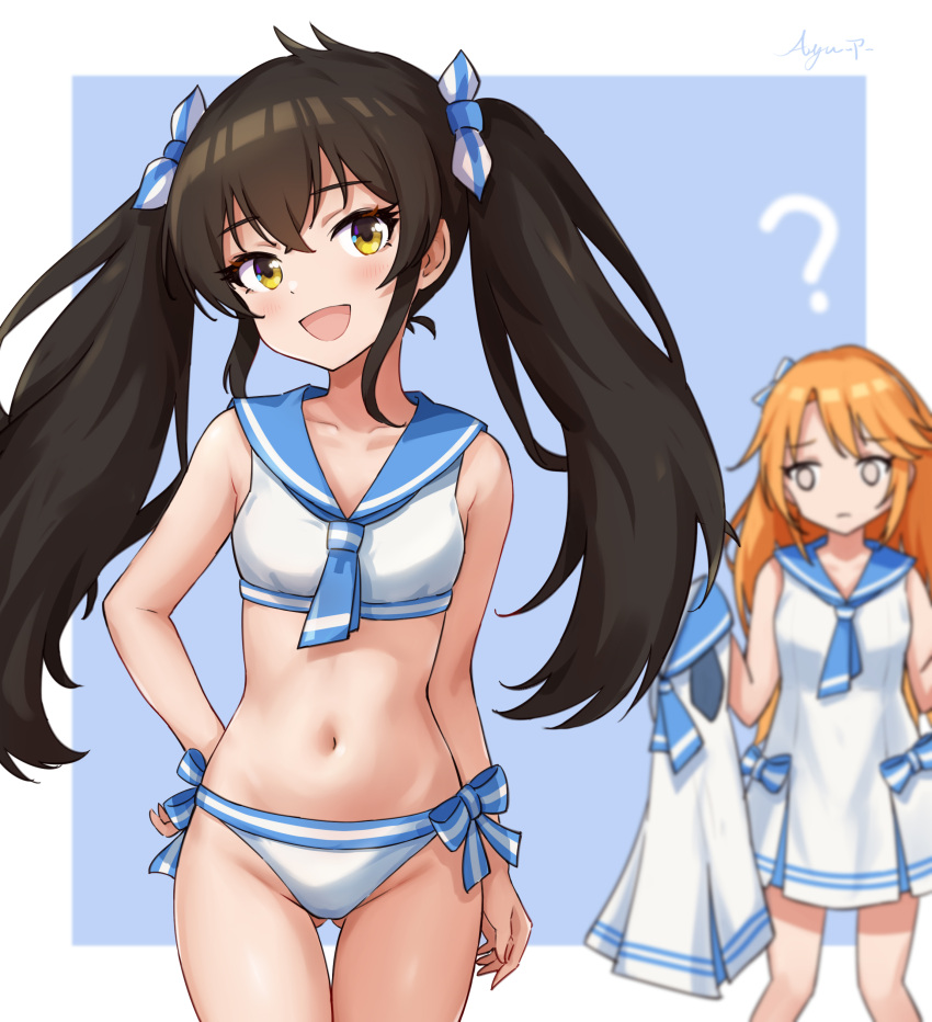 2girls ? absurdres ass_visible_through_thighs bikini black_hair blue_background blue_bow blue_neckerchief blue_sailor_collar blurry blush border bow breasts collarbone commentary_request cowboy_shot depth_of_field dress empty_eyes expressionless groin hair_between_eyes hair_ribbon hand_on_own_hip highres holding holding_clothes holding_dress idolmaster idolmaster_cinderella_girls idolmaster_cinderella_girls_u149 koaya long_hair looking_at_viewer matoba_risa multiple_girls navel neckerchief open_mouth orange_hair ribbon sailor_collar sailor_swimsuit_(idolmaster) sidelocks signature small_breasts smile solo_focus stomach swimsuit thighs twintails white_bikini white_border white_dress yellow_eyes yuuki_haru