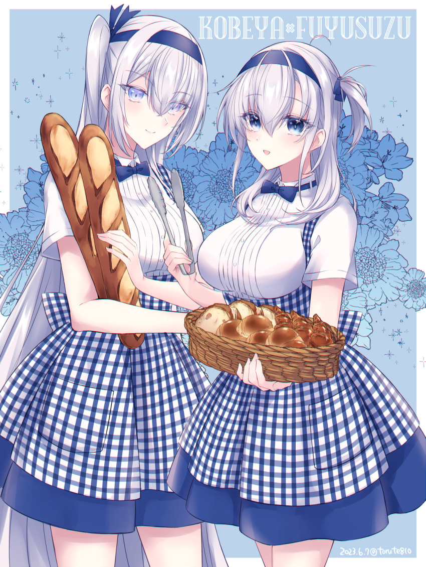 2girls alternate_costume apron baguette basket blue_bow blue_bowtie blue_eyes blue_headband blush bow bowtie bread breasts croissant dated dress flower food fuyutsuki_(kancolle) gingham gingham_apron hair_between_eyes headband highres holding holding_food kabocha_torute kantai_collection kobeya kobeya_uniform large_breasts long_hair looking_at_viewer multiple_girls one_side_up parted_lips short_sleeves smile sparkle suzutsuki_(kancolle) twitter_username very_long_hair waist_apron white_dress