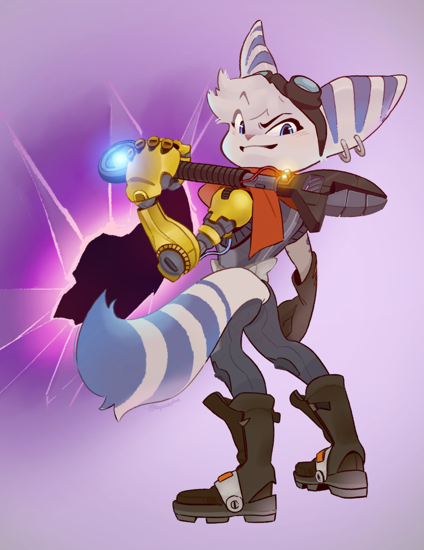 absurd_res anthro boots clothed clothing ear_piercing eyewear eyewear_on_head female footwear goggles goggles_on_head hi_res holding_object kyuuoku looking_at_viewer looking_back looking_back_at_viewer mechanical_arm piercing ratchet_and_clank rivet_(ratchet_and_clank) scarf solo sony_corporation sony_interactive_entertainment