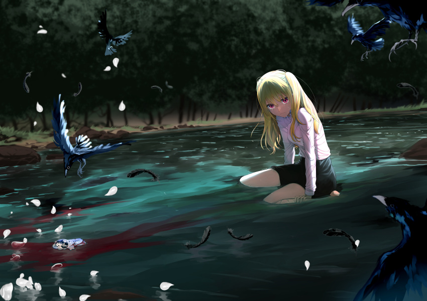 1girl absurdres arm_support barefoot bird black_feathers black_skirt blonde_hair blood blood_in_water blurry blurry_background closed_mouth commentary commission crow crying crying_with_eyes_open english_commentary eudetenis feathers highres hoshino_ai_(oshi_no_ko) hoshino_ruby long_hair long_sleeves looking_at_viewer one_side_up oshi_no_ko outdoors partially_submerged petals pink_eyes river second-party_source shirt sidelocks sitting skirt solo spoilers star-shaped_pupils star_(symbol) symbol-shaped_pupils tears tree variant_set water white_shirt