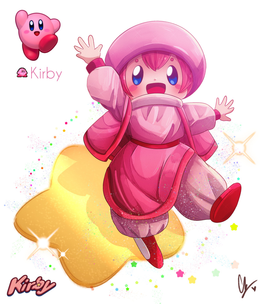 1other :d absurdres arm_up arms_up blue_eyes blush_stickers character_name copyright_name creature_and_personification endifi full_body highres kirby kirby_(series) long_sleeves pink_hair pink_headwear puffy_pants red_footwear short_hair smile solo sparkle white_background