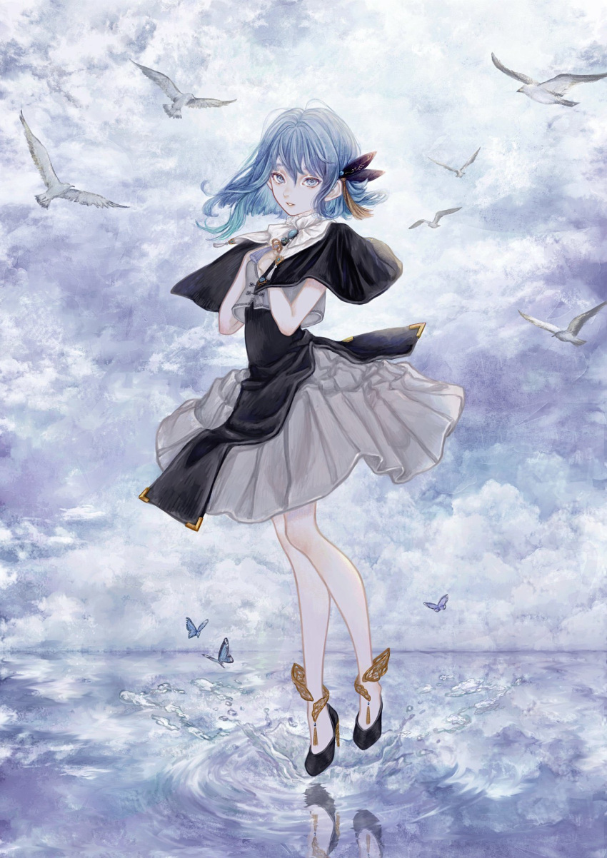 1girl anklet bird bird_request black_capelet black_tabard blue_eyes blue_hair brooch bug butterfly buttons capelet ciel_(kamitsubaki_studio) cloud cloudy_sky commentary cropped_shirt floating_hair flock full_body grey_shirt grey_skirt hair_ornament hands_on_own_chest hands_up high_heels highres jewelry kamitsubaki_studio looking_at_viewer neck_tassel parted_lips reflection reflective_water shirone_(coxo_ii) shirt skirt sky solo splashing standing standing_on_liquid symbol-only_commentary tabard tassel tassel_hair_ornament virtual_youtuber