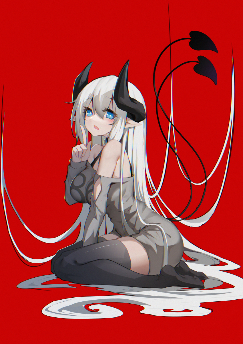 1girl absurdres bare_shoulders black_straps black_thighhighs blue_eyes breasts bright_pupils chinese_commentary commentary_request demon_girl demon_horns demon_tail fang floating_hair grey_sweater hair_between_eyes hair_spread_out hand_up highres horns huizhiyin index_finger_raised large_breasts leaning_forward long_hair looking_at_viewer multiple_tails off-shoulder_sweater off_shoulder open_mouth original pale_skin pointy_ears red_background sitting skin_fang skindentation sweater tail thick_thighs thighhighs thighs very_long_hair wariza white_hair white_pupils zettai_ryouiki