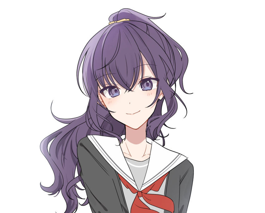 1girl asahina_mafuyu black_cardigan cardigan closed_mouth commentary_request highres long_hair looking_at_viewer miyamasuzaka_girls'_academy_school_uniform neckerchief ponytail project_sekai purple_eyes purple_hair red_neckerchief sailor_collar school_uniform simple_background smile solo suiu upper_body white_background