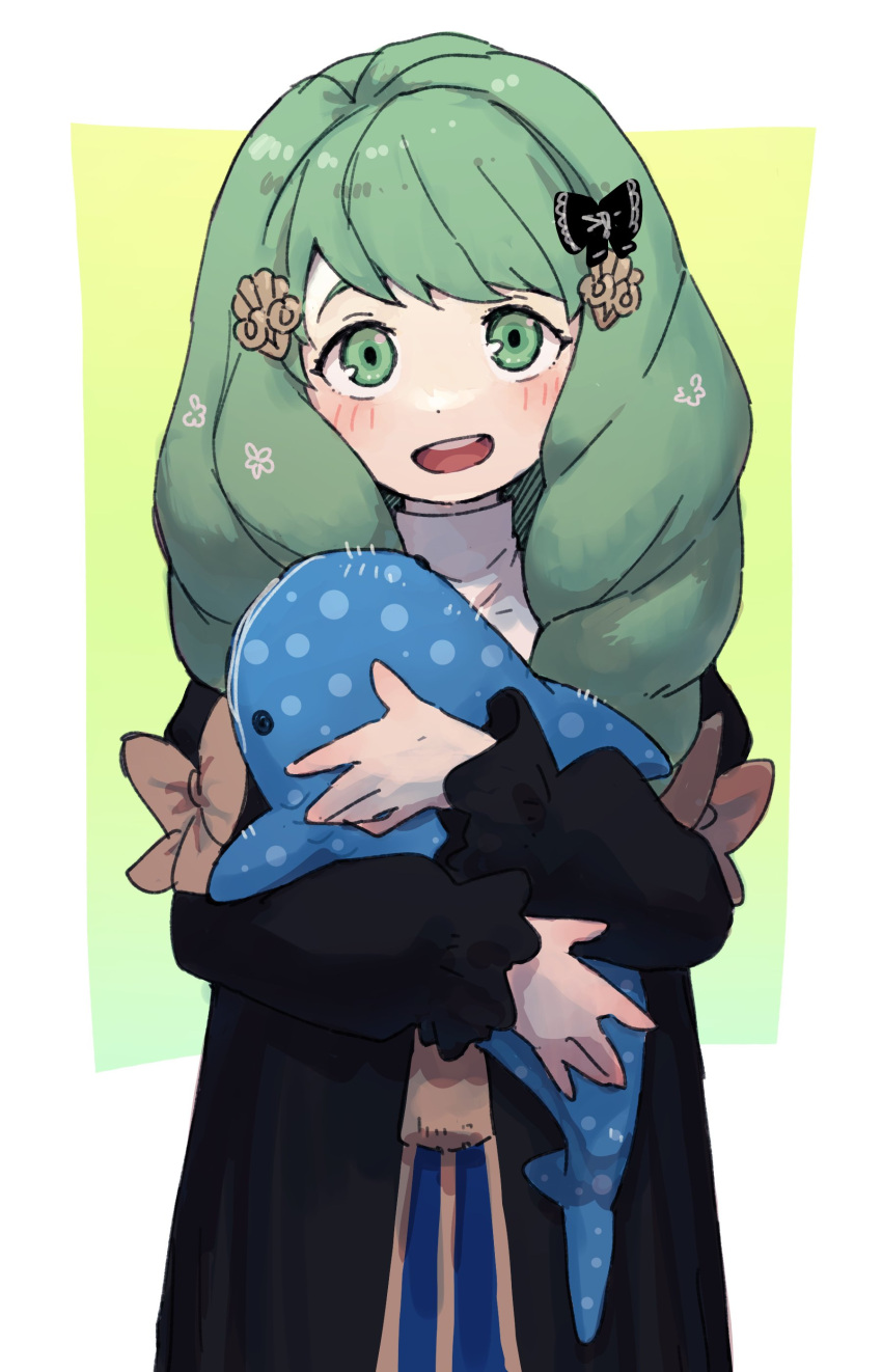 1girl absurdres doll drill_hair fire_emblem fire_emblem:_three_houses fish flayn_(fire_emblem) green_eyes green_hair hair_ornament hairclip highres holding holding_doll nendo23 open_mouth swept_bangs teeth upper_teeth_only