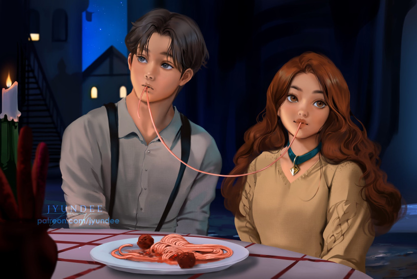 1boy 1girl animal_collar aqua_choker breasts brown_eyes brown_hair candle candlelight collar food grey_eyes highres humanization imminent_kiss jyundee lady_(disney) lady_and_the_tramp long_hair long_sleeves looking_to_the_side meatball medium_breasts pasta realistic shared_food short_hair sitting spaghetti spaghetti_and_meatballs tablecloth tramp_(disney) upper_body wavy_hair