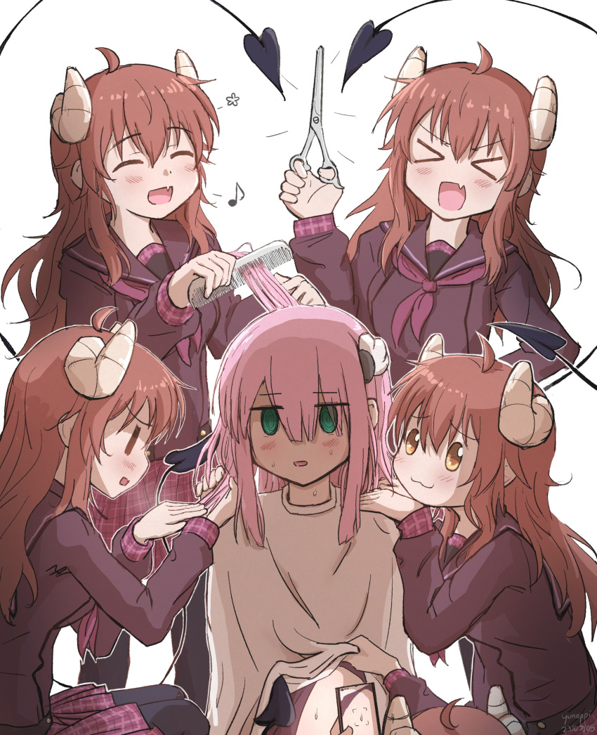 &gt;_&lt; 2023 2girls :3 :d @_@ ^_^ absurdres ahoge alternate_costume black_pantyhose black_shirt blunt_ends blush brown_eyes brushing_hair casual chiyoda_momo closed_eyes closed_mouth commentary curled_horns dated demon_girl demon_horns demon_tail english_commentary excited facing_viewer fang green_eyes hair_between_eyes hairdressing hand_on_another's_shoulder hand_up happy highres holding holding_scissors horns jitome long_hair long_sleeves looking_at_another looking_at_viewer machikado_mazoku medium_hair miniskirt multiple_girls multiple_persona musical_note navel open_mouth pantyhose pink_hair plaid plaid_skirt profile red_hair scared school_uniform scissors serafuku shirt sidelocks signature simple_background sitting skin_fang skirt smile standing straight_hair sweat tail upper_body very_long_hair viewfinder white_background yoshida_yuuko_(machikado_mazoku) yunoppi |_|