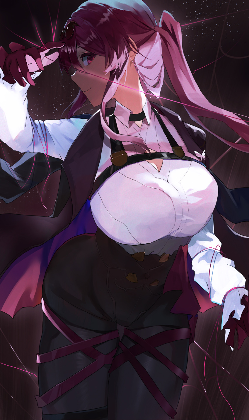 1girl absurdres black_shorts boots breasts butterfly_ornament chest_harness collared_shirt eyewear_on_head gloves harness harutoman high-waist_shorts highres honkai:_star_rail honkai_(series) kafka_(honkai:_star_rail) large_breasts long_sleeves pantyhose pantyhose_under_shorts ponytail purple-tinted_eyewear purple_eyes purple_gloves purple_hair purple_pantyhose round_eyewear shirt shorts single_thigh_boot spider_web_print sunglasses thigh_boots thread tinted_eyewear