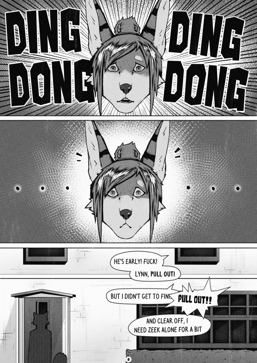 anthro arcsuh black_and_white canid canine comic detailed_background dialogue digital_media_(artwork) duo english_text environment equid equine female fur hair hi_res hybrid lizzy_(arcsuh) male male/female mammal monochrome open_mouth procyonid raccoon simple_background speech_bubble text zebra zeek_(arcsuh)