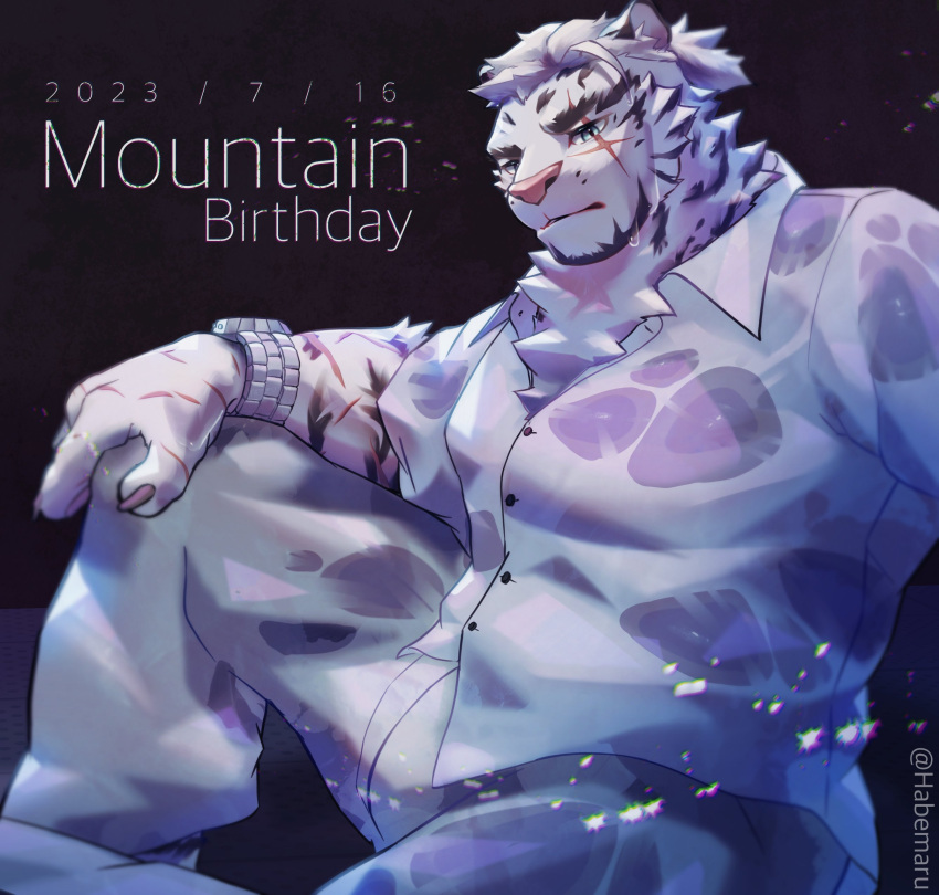 1boy absurdres animal_ears arknights bara birthday black_tank_top expressionless feet_out_of_frame furry furry_male habemaru highres large_pectorals looking_at_viewer male_focus mountain_(arknights) mountain_(book_reader)_(arknights) muscular muscular_male pectorals scar scar_across_eye see-through shirt short_hair sitting solo suit tank_top thick_eyebrows tiger_boy tiger_ears watch wet wet_clothes wet_shirt white_fur white_hair wristwatch