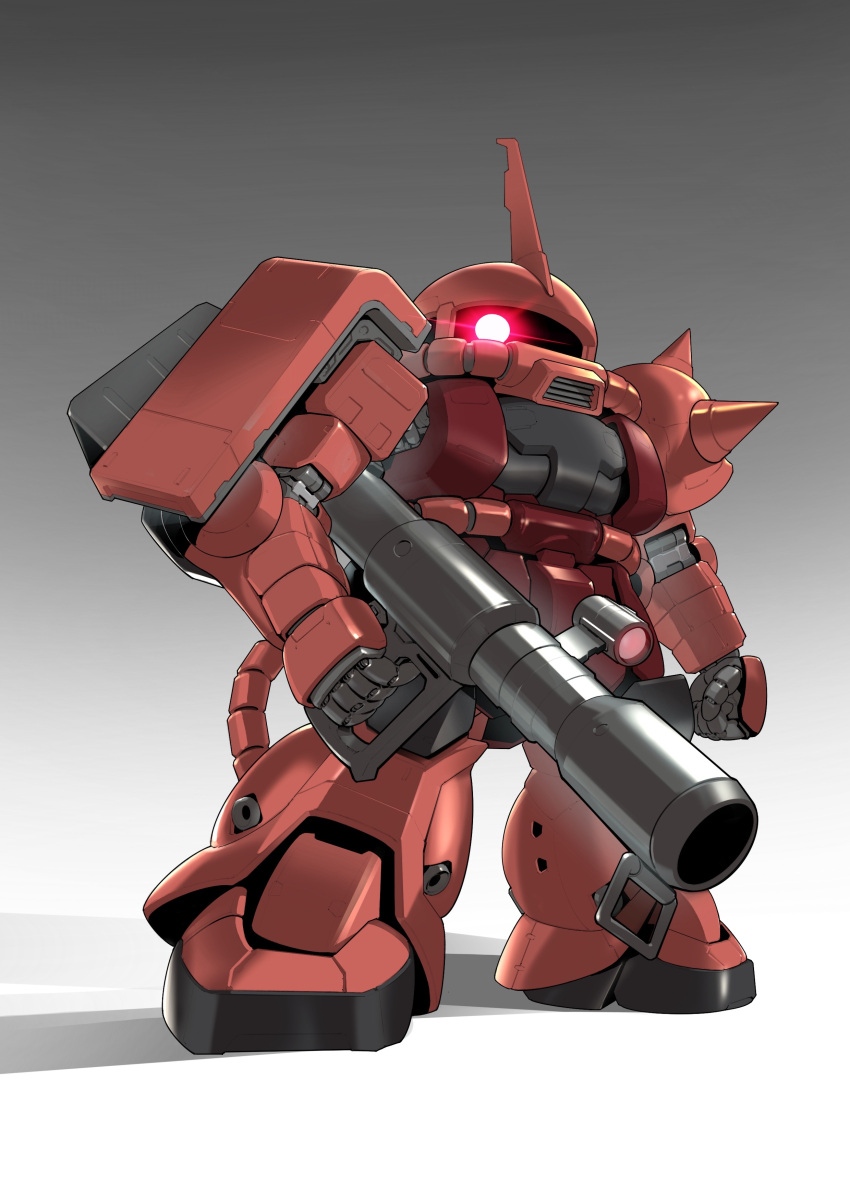 absurdres bazooka_(gundam) chibi clenched_hand full_body glowing glowing_eye gradient_background gundam highres holding holding_weapon horns looking_at_viewer mecha mobile_suit mobile_suit_gundam no_humans one-eyed red_eyes robot science_fiction sd_gundam shadow shoulder_spikes single_horn spikes standing weapon zaku_ii_s_char_custom zakuma