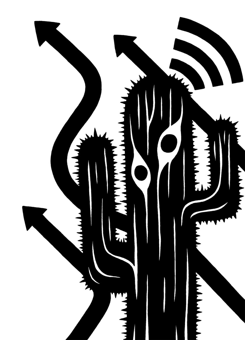 2015 ambiguous_gender black_and_white cactus cactus_creature digital_drawing_(artwork) digital_media_(artwork) directional_arrow hi_res immobile monochrome plant restricted_palette scp_foundation signal silhouette simple_background solo sunnyclockwork white_background