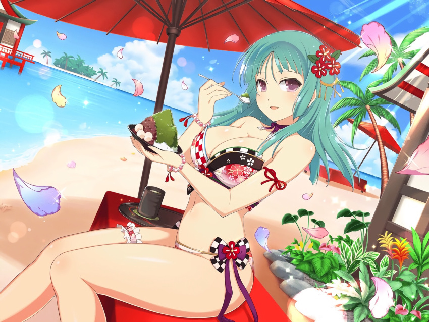 1girl architecture arm_ribbon bare_hips bare_legs bare_shoulders bashou_(senran_kagura) beach bikini blue_sky blush bow bracelet breasts checkered_bikini checkered_bow checkered_clothes choker cleavage cloud collarbone dango day east_asian_architecture eating falling_petals floral_print flower food food_request forest frills green_hair green_tea groin hair_flower hair_ornament highres horizon island japanese_clothes jewelry knees_together_feet_apart large_breasts leaf legs legs_together light_particles linea_alba long_hair looking_at_viewer looking_to_the_side nature navel ocean official_art open_mouth outdoors palm_leaf palm_tree petals plant purple_choker purple_eyes red_ribbon ribbon sand senran_kagura senran_kagura_new_link senran_kagura_new_wave shiny_skin shore short_hair side-tie_bikini_bottom sideboob sitting sky smile solo sparkle swimsuit tassel tea thick_thighs thigh_strap thighs tree umbrella wagashi water white_flower yaegashi_nan