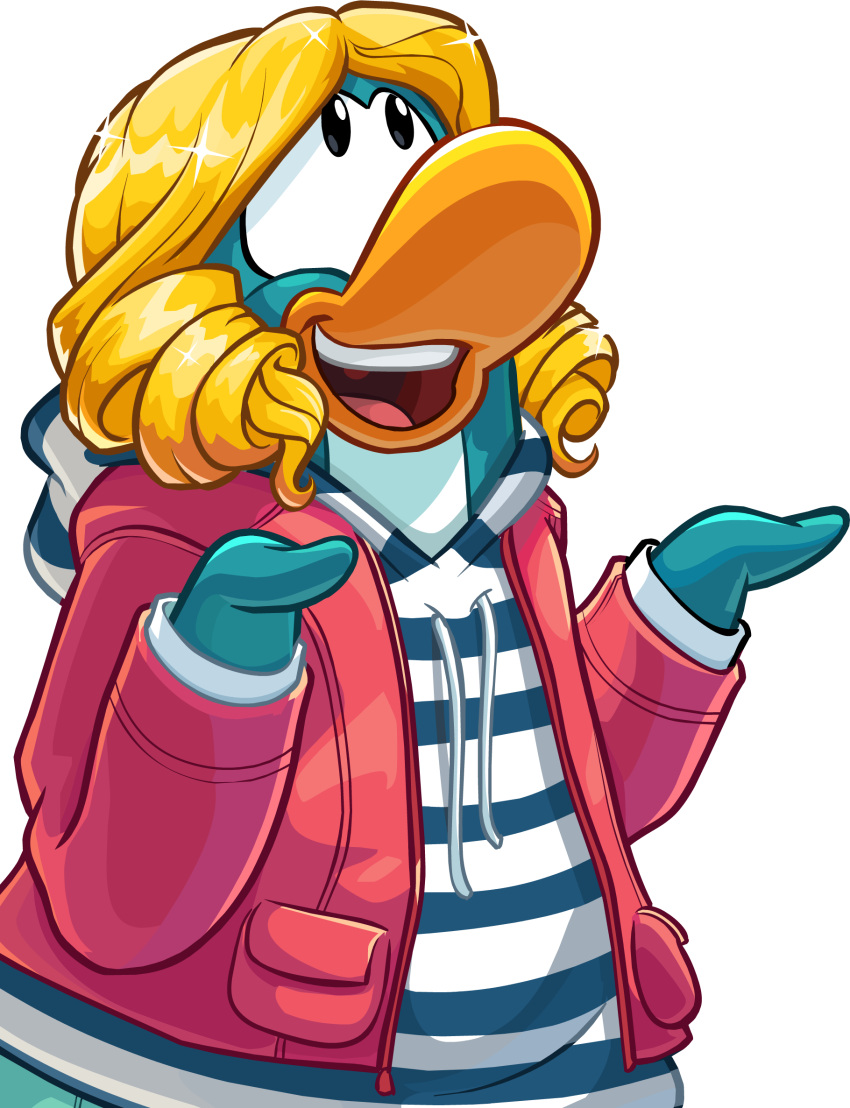 avian bird blonde_hair blue_clothing blue_hoodie blue_topwear clothed clothing club_penguin drill_curls female hair hi_res hoodie jacket long_hair looking_up official_art open_clothing open_jacket open_mouth open_topwear pattern_clothing pattern_hoodie pattern_topwear penguin pink_clothing pink_jacket pink_topwear solo striped_clothing striped_hoodie striped_topwear stripes topwear two_tone_hoodie unknown_artist upper_body upper_teeth_only white_clothing white_hoodie white_topwear