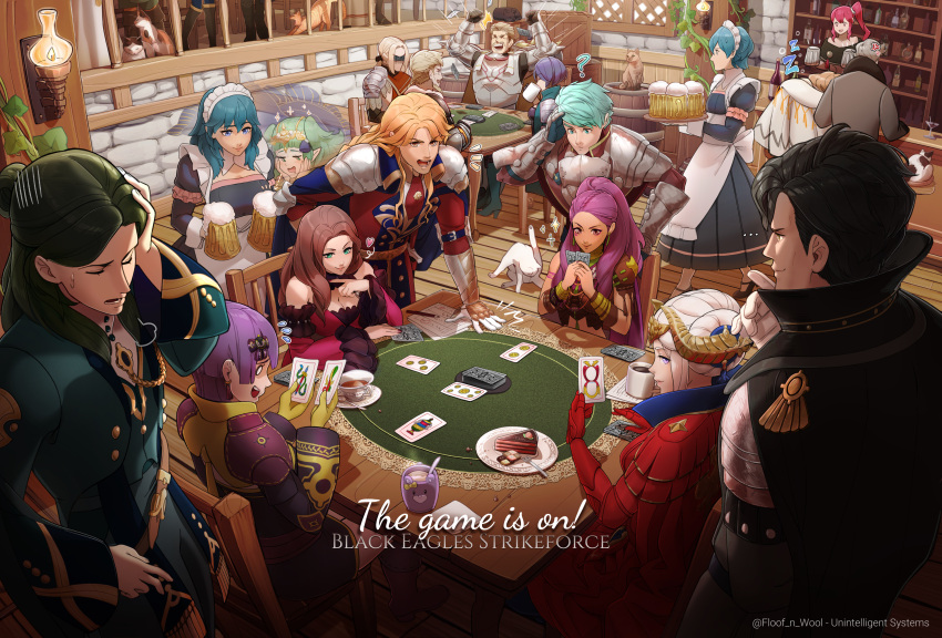 6+boys 6+girls absurdres alois_rangeld anger_vein anna_(fire_emblem) bar_(place) beer_mug bernadetta_von_varley byleth_(female)_(fire_emblem) byleth_(fire_emblem) byleth_(male)_(fire_emblem) card caspar_von_bergliez cat coffee_mug crossdressing cup dorothea_arnault dual_persona edelgard_von_hresvelg ferdinand_von_aegir fire_emblem fire_emblem:_three_houses floof_n_wool hanneman_von_essar highres hubert_von_vestra jeralt_reus_eisner jeritza_von_hrym leaning_on_person linhardt_von_hevring maid maid_headdress manuela_casagranda mug multiple_boys multiple_girls official_alternate_costume petra_macneary playing_card shaded_face shamir_nevrand sitting sleeping sleeping_on_person smile sothis_(fire_emblem) table tavern