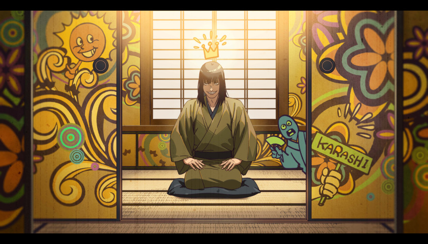 1boy akakokko_(niro_azarashi) akane-banashi brown_kimono character_name crown_(symbol) cushion grin japanese_clothes kimono long_hair looking_at_viewer male_focus nerimaya_karashi rakugo seiza sitting sliding_doors smile solo sun tatami wide_sleeves window