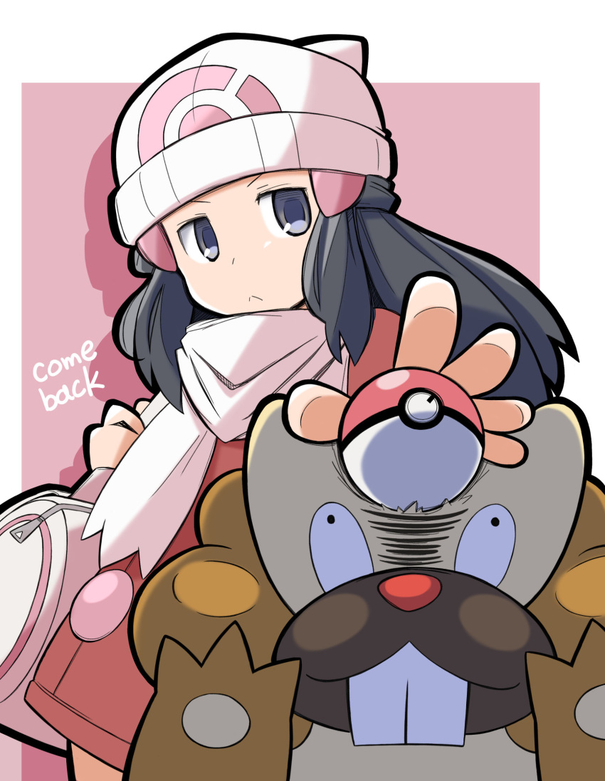 1girl :&lt; bag beanie bibarel black_hair closed_mouth coat commentary_request dawn_(pokemon) duffel_bag grey_eyes hair_ornament hairclip hat highres holding_strap long_hair pink_background poke_ball poke_ball_(basic) pokemon pokemon_(creature) pokemon_(game) pokemon_dppt pokemon_platinum rascal scarf spread_fingers white_headwear white_scarf zipper_pull_tab