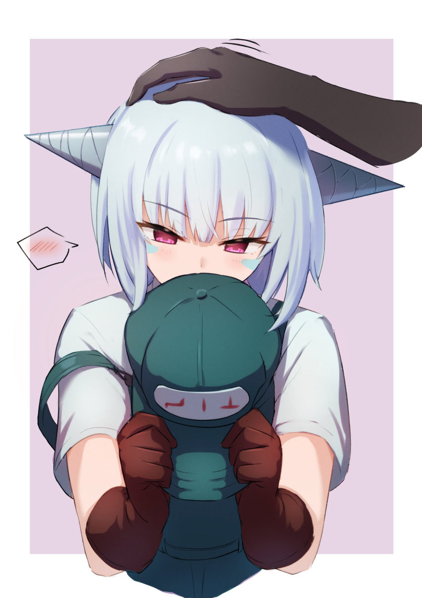 1girl 1other afrody123 blue_hair blush brown_gloves collared_shirt covered_mouth disembodied_limb drill facial_mark gloves green_headwear green_overalls guardian_tales hat headpat highres holding holding_clothes holding_hat looking_down mechanic mk.33_(guardian_tales) overalls purple_eyes robot_ears shirt short_hair short_sleeves simple_background solo_focus upper_body