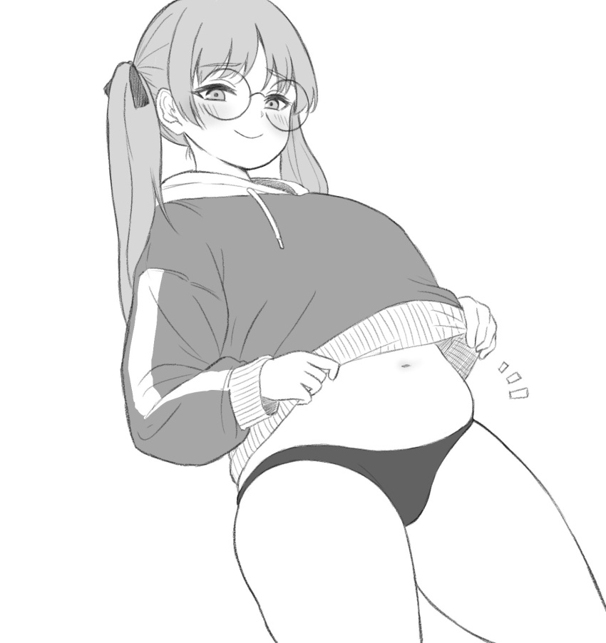 1girl blush character_request closed_mouth clothes_lift copyright_request cowboy_shot drawstring glasses greyscale highres long_hair long_sleeves looking_at_viewer monochrome navel noe_aoikaba notice_lines plump simple_background solo thick_thighs thighs twintails white_background