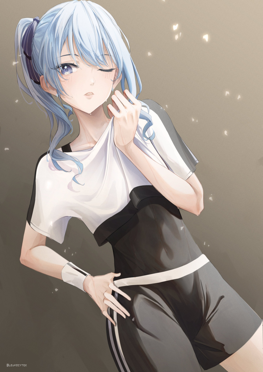 1girl absurdres blue_eyes blue_hair brown_background clothes_lift dutch_angle earrings gradient_background hand_on_own_hip highres hololive hololive_dance_practice_uniform hoshimachi_suisei jewelry leukocytek light_particles looking_at_viewer one_eye_closed parted_lips ponytail shirt shirt_lift shorts side_ponytail signature simple_background single_sidelock skin_tight star_(symbol) star_in_eye sweat symbol_in_eye t-shirt virtual_youtuber wiping_face wiping_sweat workout_clothes wrist_cuffs