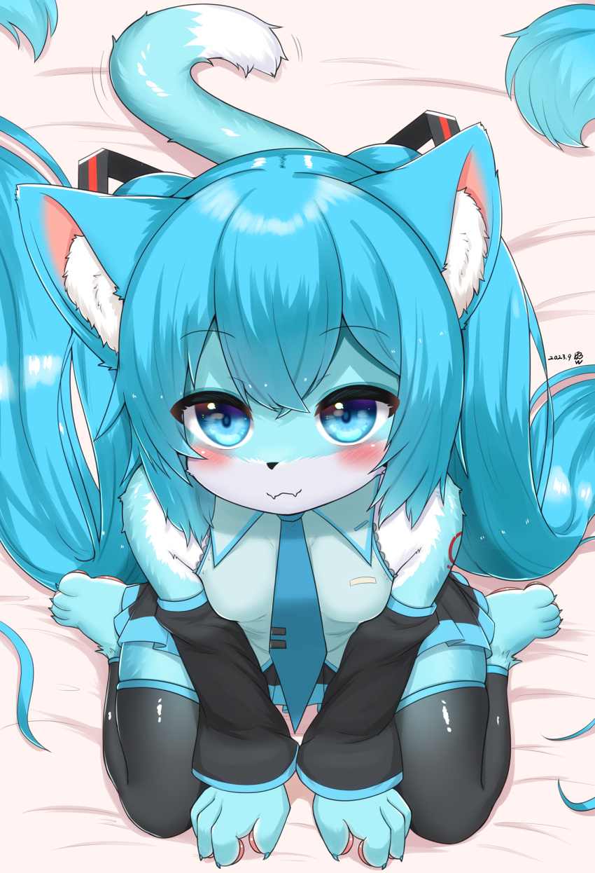1girl :3 animal_ears animalization barefoot black_thighhighs blue_eyes blue_fur blue_hair breasts cat_ears cat_girl cat_tail closed_mouth feet furrification furry furry_female hair_between_eyes hatsune_miku highres horokusa_(korai) long_hair necktie shirt smile solo tail thighhighs toes twintails very_long_hair vocaloid