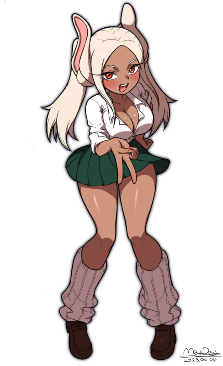 1girl :d absurdres alternate_hairstyle animal_ears artist_name blush boku_no_hero_academia breasts brown_footwear cleavage clenched_hand collarbone dark-skinned_female dark_skin dated full_body green_skirt hand_on_own_hip highres large_breasts leaning_forward long_eyelashes long_hair looking_at_viewer loose_socks maydaykiki mirko narrow_waist parted_bangs pleated_skirt rabbit_ears rabbit_girl school_uniform shirt_tucked_in signature skirt sleeves_rolled_up smile socks solo teeth thick_thighs thighs twintails upper_teeth_only v white_background white_hair wide_hips