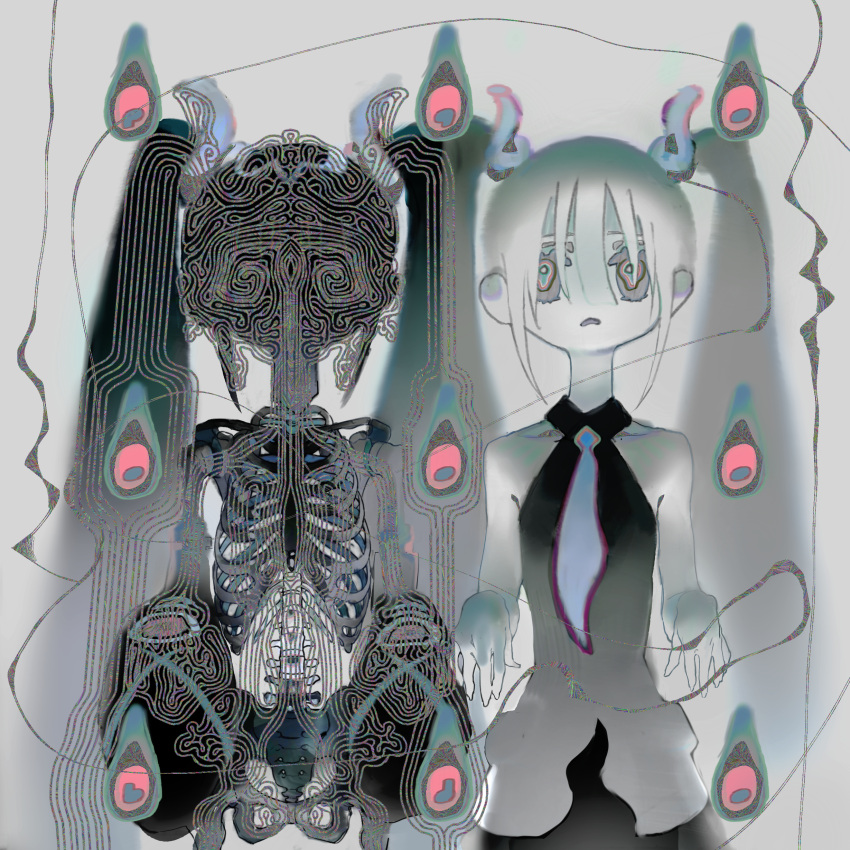 2girls absurdres bare_shoulders black_skirt commentary frown ghost_miku_(project_voltage) gradient_hair grey_background hands_up hatsune_miku highres hitodama joon_(jjoooonn) multicolored_eyes multicolored_hair multiple_girls muted_color necktie open_mouth pale_skin pokemon project_voltage ribs shirt skeleton skirt sleeveless sleeveless_shirt spine surreal twintails vocaloid