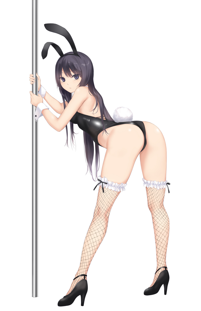 1girl animal_ears ass backless_leotard bent_over black_footwear black_hair black_leotard breasts closed_mouth coffee-kizoku commentary_request fake_animal_ears fake_tail fishnet_thighhighs fishnets full_body high_heels highres holding holding_pole legs leotard long_hair looking_at_viewer looking_back medium_breasts original playboy_bunny pole pumps purple_eyes rabbit_ears rabbit_tail shiramine_rika simple_background solo strapless strapless_leotard stripper_pole tail thighhighs white_background white_wrist_cuffs wrist_cuffs