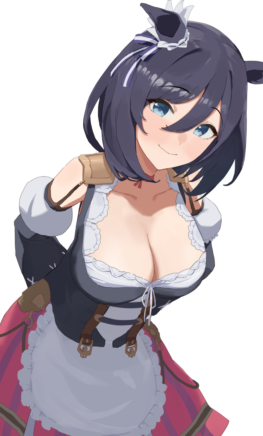 1girl absurdres animal_ears asobi_nin bare_shoulders black_hair blue_eyes breasts cleavage closed_mouth commentary_request detached_sleeves dirndl dress eishin_flash_(umamusume) frilled_dress frills german_clothes highres horse_ears horse_girl large_breasts long_sleeves looking_at_viewer puffy_sleeves short_hair simple_background smile solo umamusume white_background