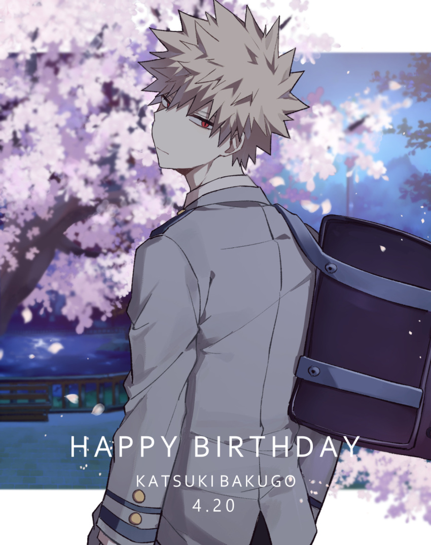 1boy :| bag bakugou_katsuki bench birthday black_outline blazer blonde_hair blue_sky blurry blurry_background boku_no_hero_academia branch bridge cherry_blossoms cherry_tree closed_mouth coi_mha collared_shirt commentary double_horizontal_stripe eyebrows_hidden_by_hair falling_petals flower foreground_text from_behind grey_jacket hair_between_eyes hands_in_pockets happy_birthday highres jacket lake letterboxed long_sleeves looking_at_viewer looking_back male_focus mountain night outline outside_border petals pink_flower red_eyes school_uniform shirt short_hair shoulder_bag sideways_glance sky slit_pupils solo spiked_hair standing text_focus timestamp turning_head u.a._school_uniform upper_body v-shaped_eyebrows white_shirt