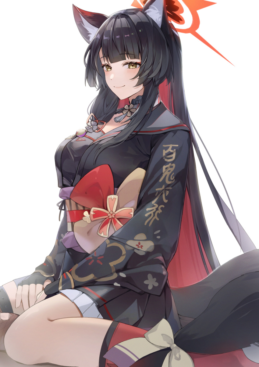 1girl animal_ear_fluff animal_ears black_gloves black_hair black_shirt black_skirt blue_archive blunt_bangs blush breasts closed_mouth colored_inner_hair commentary_request fingerless_gloves fox_ears fox_girl fox_tail gloves grey_sailor_collar halo highres jira_(0116) large_breasts long_hair long_sleeves looking_to_the_side multicolored_hair obi pleated_skirt red_hair red_halo red_socks sailor_collar sash shirt sidelocks simple_background sitting skirt smile socks solo tail wakamo_(blue_archive) wariza white_background yellow_eyes
