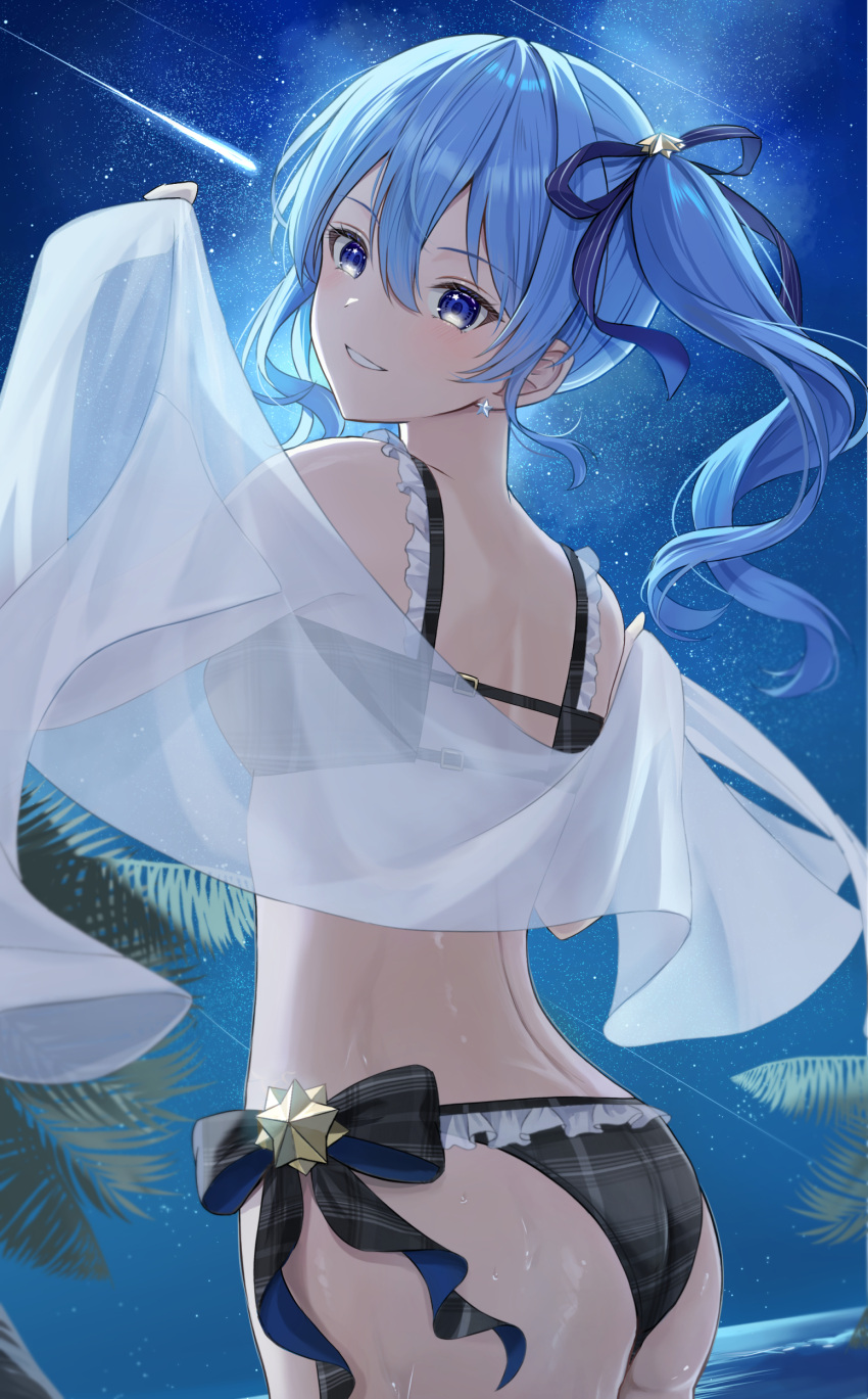 1girl absurdres ass back bikini blue_eyes blue_hair bow from_behind grin hair_ribbon highres holding_shawl hololive hoshimachi_suisei looking_at_viewer looking_back nakaneabura8623 night night_sky ocean outdoors parted_lips plaid plaid_bikini plaid_bow ribbon shawl shooting_star side_ponytail sky smile solo star_(sky) star_(symbol) star_in_eye starry_sky swimsuit symbol_in_eye wet