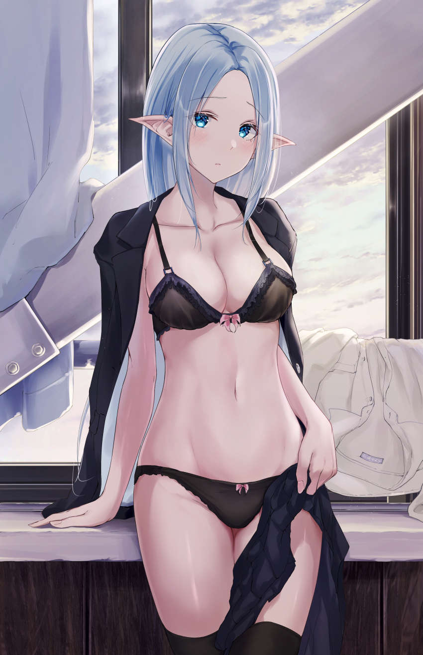 1girl absurdres black_bra black_jacket black_panties black_thighhighs blazer blue_eyes blue_hair blue_skirt blush bow bow_bra bow_panties bra breasts cleavage cloud cloudy_sky collarbone curtains highres holding holding_clothes holding_skirt indoors jacket large_breasts light_blue_hair long_pointy_ears looking_at_viewer medium_hair meen_(ouaughikepdvrsf) navel open_clothes open_jacket original panties parted_lips pink_bow pleated_skirt pointy_ears shirt shirt_removed skirt sky solo standing thighhighs underwear white_shirt window