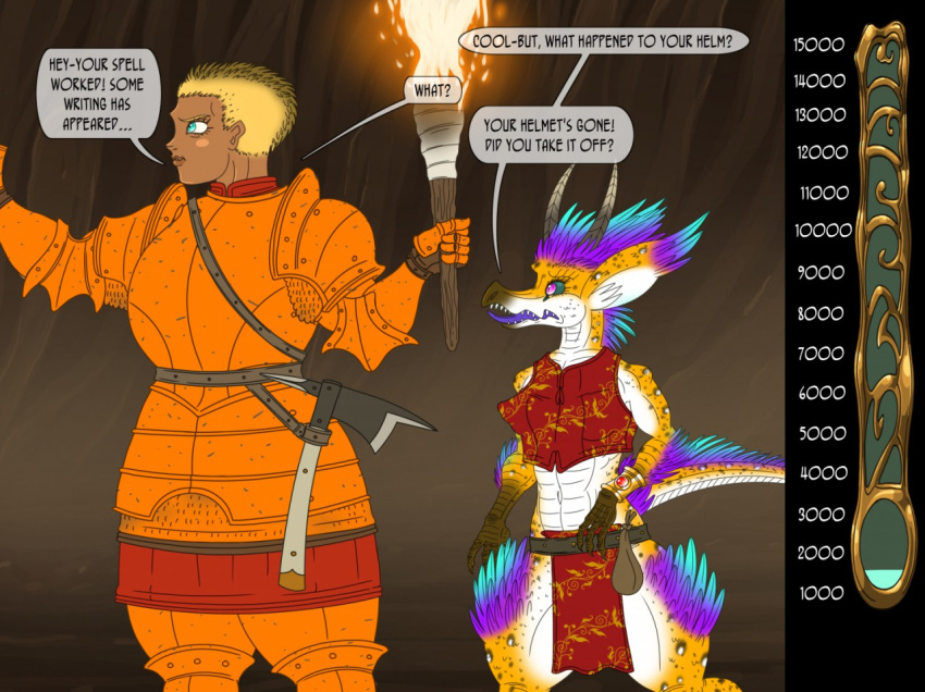 anthro armor axe blonde_hair blue_body blue_eyes blue_scales blush blush_stickers bottomwear breasts brown_body brown_scales bythebook clothing dark_body dark_skin dialogue duo eyelashes female green_sclera hair holding_object holding_torch horn human kobold mammal navel open_mouth orange_body orange_scales pink_eyes purple_tongue red_bottomwear red_clothing red_topwear scales sharp_teeth short_hair small_breasts speech_bubble teeth text thick_thighs tongue topwear torch white_body white_scales wide_hips