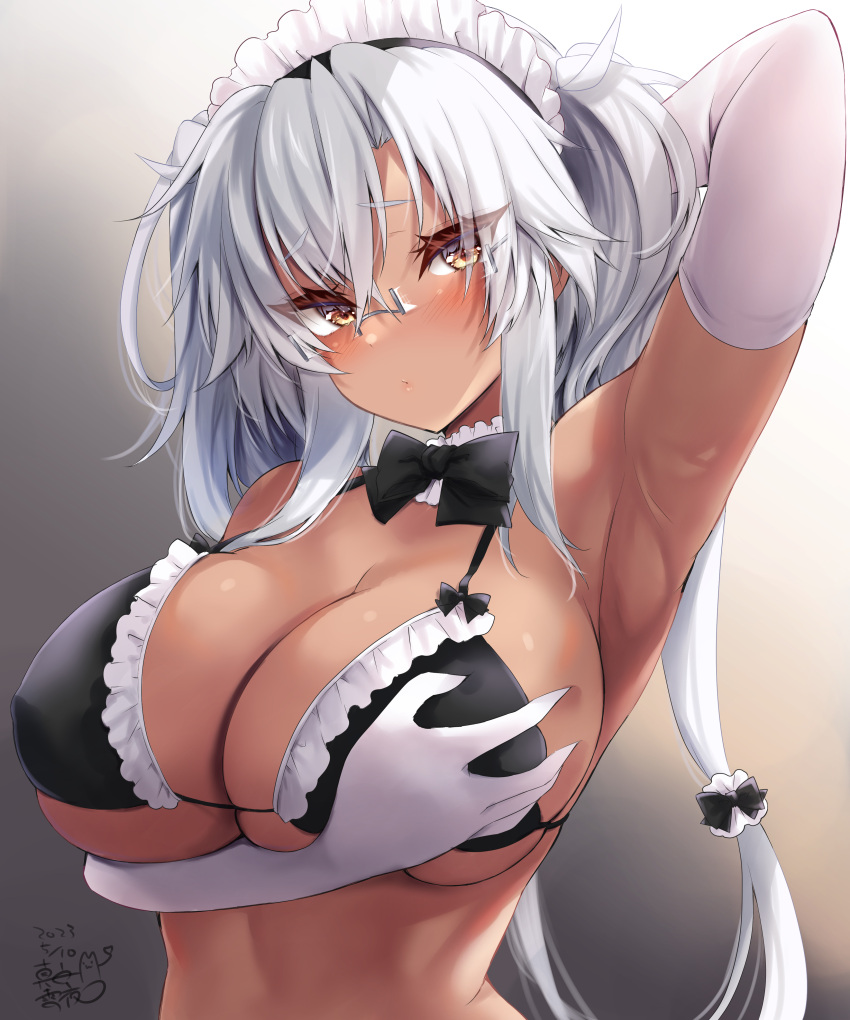 1girl absurdres alternate_costume arm_behind_head armpits blush bow bowtie bra breasts brown_eyes dark-skinned_female dark_skin dated elbow_gloves enmaided frilled_bra frills glasses gloves grabbing_own_breast grey_hair hair_between_eyes highres kantai_collection long_hair looking_at_viewer maid maid_headdress mashiro_yukiya musashi_(kancolle) musashi_kai_ni_(kancolle) rectangular_eyewear semi-rimless_eyewear signature solo traditional_bowtie twintails underwear upper_body very_long_hair