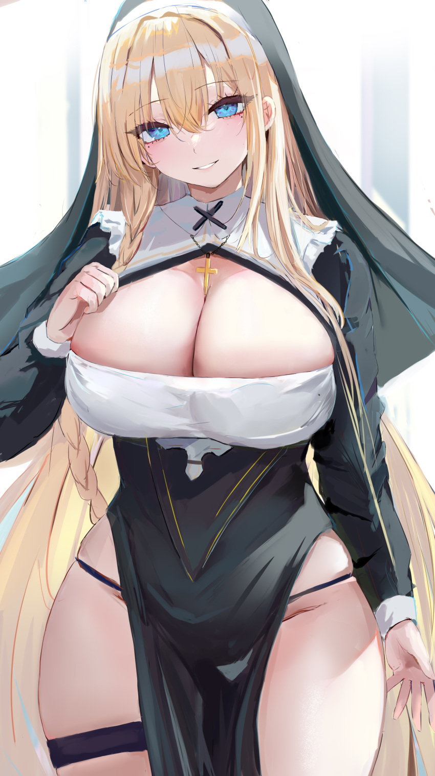 1girl absurdres black_dress black_panties blonde_hair blue_eyes blush breasts cleavage cleavage_cutout clothing_cutout cross cross_necklace dress habit head_tilt highres huge_breasts jewelry long_hair long_sleeves lshiki necklace nun original panties pelvic_curtain revision smile solo straight_hair string_panties thigh_strap underwear very_long_hair