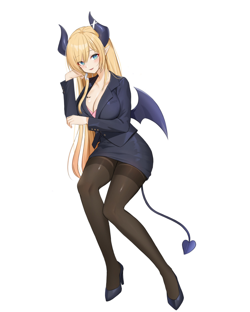 1girl alternate_costume b_grade bat_tattoo black_footwear black_jacket black_skirt blazer blonde_hair blue_eyes blush breast_tattoo breasts brown_pantyhose cleavage demon_girl demon_horns demon_tail demon_wings formal full_body head_rest heart heart_tattoo high_heels highres hololive horn_ornament horn_ribbon horns invisible_chair jacket korean_commentary large_breasts long_hair long_sleeves looking_at_viewer miniskirt office_lady pantyhose parted_lips pencil_skirt pink_shirt pointy_ears ribbon shirt single_sidelock sitting skirt smile solo suit tail tattoo thighband_pantyhose virtual_youtuber white_background wings yuzuki_choco
