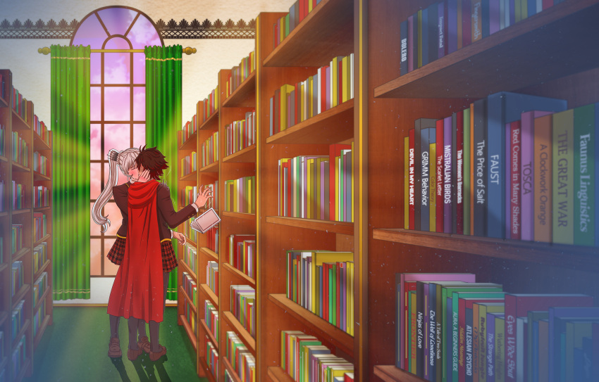 2girls absurdres book bookshelf cape dusk highres holding_another's_head jacket kiss long_hair miniskirt multiple_girls osiria-arts pantyhose plaid plaid_skirt ponytail red_cape red_hair ruby_rose rwby school_uniform short_hair skirt sunlight surprised weiss_schnee white_hair yuri